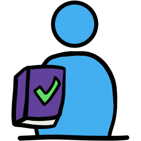 a blue figure holding a purple book with a green check mark.